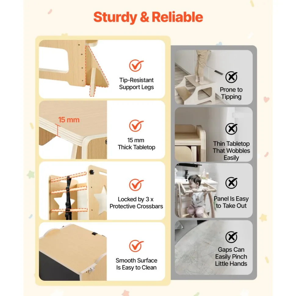 VEVOR Toddler Tower, Wooden, 6 in 1 Kitchen Step Stool for Kids 1-5, Montessori Weaning Table and Chair Set, Learning Standing Tower with Blackboard & Feeding Tray, for Bathroom and Kitchen Counter