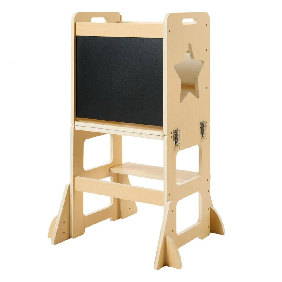 VEVOR Toddler Tower, Wooden, 4 in 1 Kitchen Step Stool for Kids 1-5, Montessori Weaning Table and Chair Set, Learning Standing Tower with Chalkboard, Easy to Clean, for Bathroom and Kitchen Counter