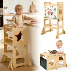 VEVOR Toddler Tower, Wooden, 4 in 1 Kitchen Step Stool for Kids 1-5, Montessori Weaning Table and Chair Set, Learning Standing Tower with Chalkboard, Easy to Clean, for Bathroom and Kitchen Counter