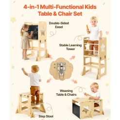 VEVOR Toddler Tower, Wooden, 4 in 1 Kitchen Step Stool for Kids 1-5, Montessori Weaning Table and Chair Set, Learning Standing Tower with Chalkboard, Easy to Clean, for Bathroom and Kitchen Counter