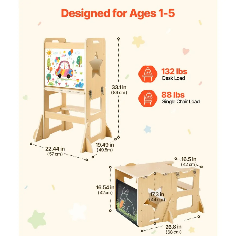 VEVOR Toddler Tower, Wooden, 4 in 1 Kitchen Step Stool for Kids 1-5, Montessori Weaning Table and Chair Set, Learning Standing Tower with Chalkboard, Easy to Clean, for Bathroom and Kitchen Counter