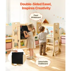VEVOR Toddler Tower, Wooden, 4 in 1 Kitchen Step Stool for Kids 1-5, Montessori Weaning Table and Chair Set, Learning Standing Tower with Chalkboard, Easy to Clean, for Bathroom and Kitchen Counter