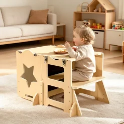 VEVOR Toddler Tower, Wooden, 4 in 1 Kitchen Step Stool for Kids 1-5, Montessori Weaning Table and Chair Set, Learning Standing Tower with Chalkboard, Easy to Clean, for Bathroom and Kitchen Counter