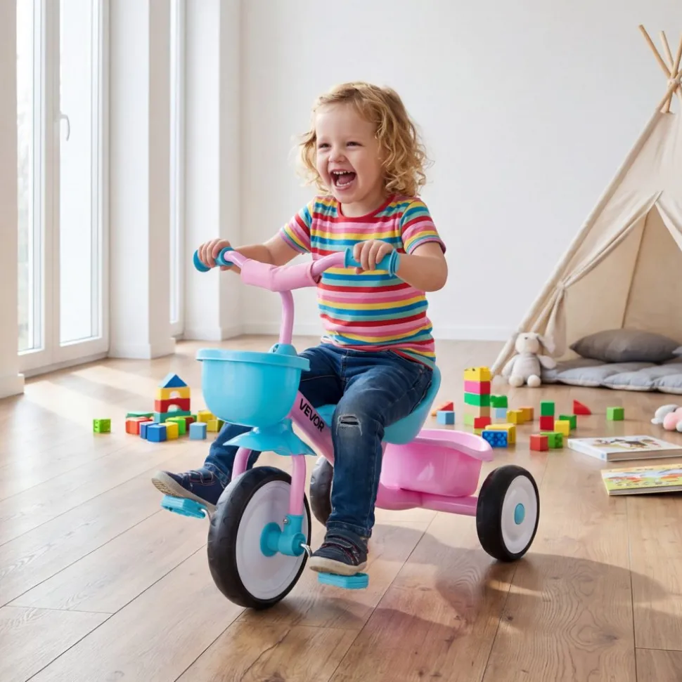 VEVOR Toddler Tricycle for 2-5 Year Old, Kids Trike with Adjustable Seat, Storage Basket, Carbon Steel Frame, Handlebar Grips for Outdoor Play, Tricycle for Toddlers, Birthday Toy for Boys and Girls