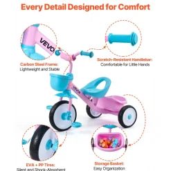 VEVOR Toddler Tricycle for 2-5 Year Old, Kids Trike with Adjustable Seat, Storage Basket, Carbon Steel Frame, Handlebar Grips for Outdoor Play, Tricycle for Toddlers, Birthday Toy for Boys and Girls