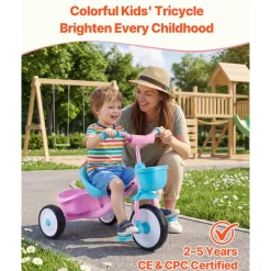 VEVOR Toddler Tricycle for 2-5 Year Old, Kids Trike with Adjustable Seat, Storage Basket, Carbon Steel Frame, Handlebar Grips for Outdoor Play, Tricycle for Toddlers, Birthday Toy for Boys and Girls