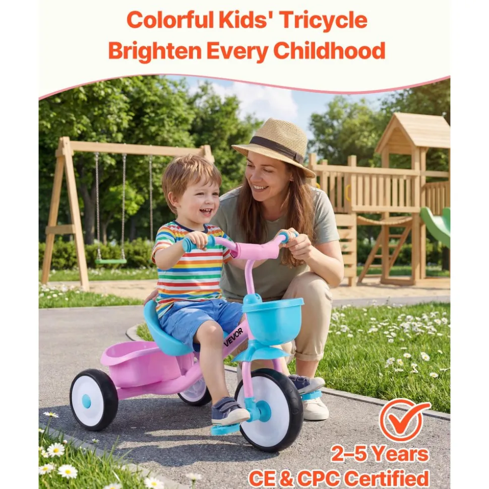 VEVOR Toddler Tricycle for 2-5 Year Old, Kids Trike with Adjustable Seat, Storage Basket, Carbon Steel Frame, Handlebar Grips for Outdoor Play, Tricycle for Toddlers, Birthday Toy for Boys and Girls