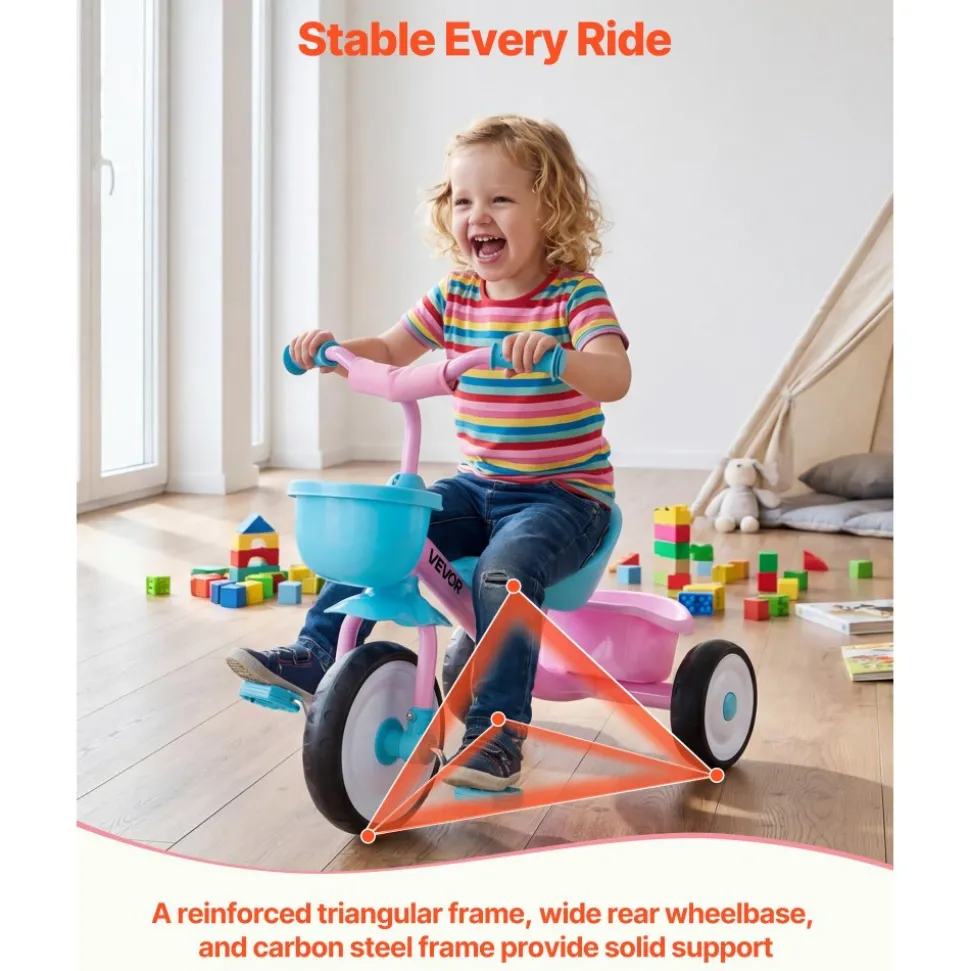 VEVOR Toddler Tricycle for 2-5 Year Old, Kids Trike with Adjustable Seat, Storage Basket, Carbon Steel Frame, Handlebar Grips for Outdoor Play, Tricycle for Toddlers, Birthday Toy for Boys and Girls