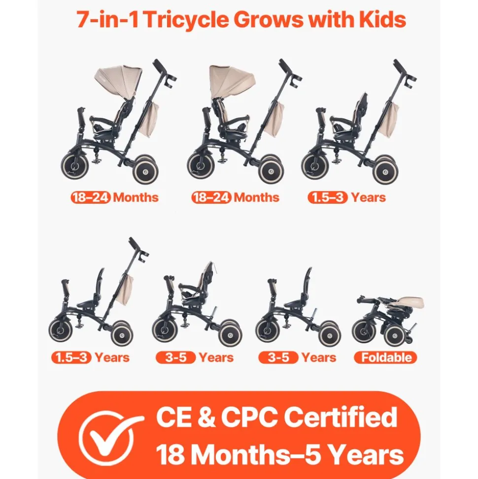 VEVOR Toddler Tricycle & Stroller for 18 Months to 5 Year Old, 7-in-1 Kids Trike with Parent Push Handle, Canopy, Rotating Seat and Storage, Tricycle for Toddlers, Birthday Toy for Boys and Girls