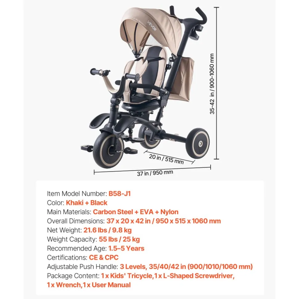 VEVOR Toddler Tricycle & Stroller for 18 Months to 5 Year Old, 7-in-1 Kids Trike with Parent Push Handle, Canopy, Rotating Seat and Storage, Tricycle for Toddlers, Birthday Toy for Boys and Girls