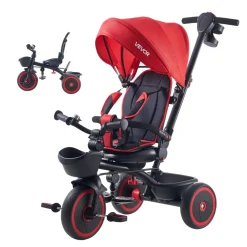 VEVOR Toddler Tricycle & Stroller for 1-5 Year Old, 6-in-1 Kids Trike with Parent Push Handle, Canopy, Adjustable Seat and Storage, Tricycle for Toddlers, Birthday Toy for Boys and Girls, Red/Black