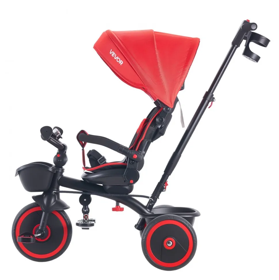 VEVOR Toddler Tricycle & Stroller for 1-5 Year Old, 6-in-1 Kids Trike with Parent Push Handle, Canopy, Adjustable Seat and Storage, Tricycle for Toddlers, Birthday Toy for Boys and Girls, Red/Black