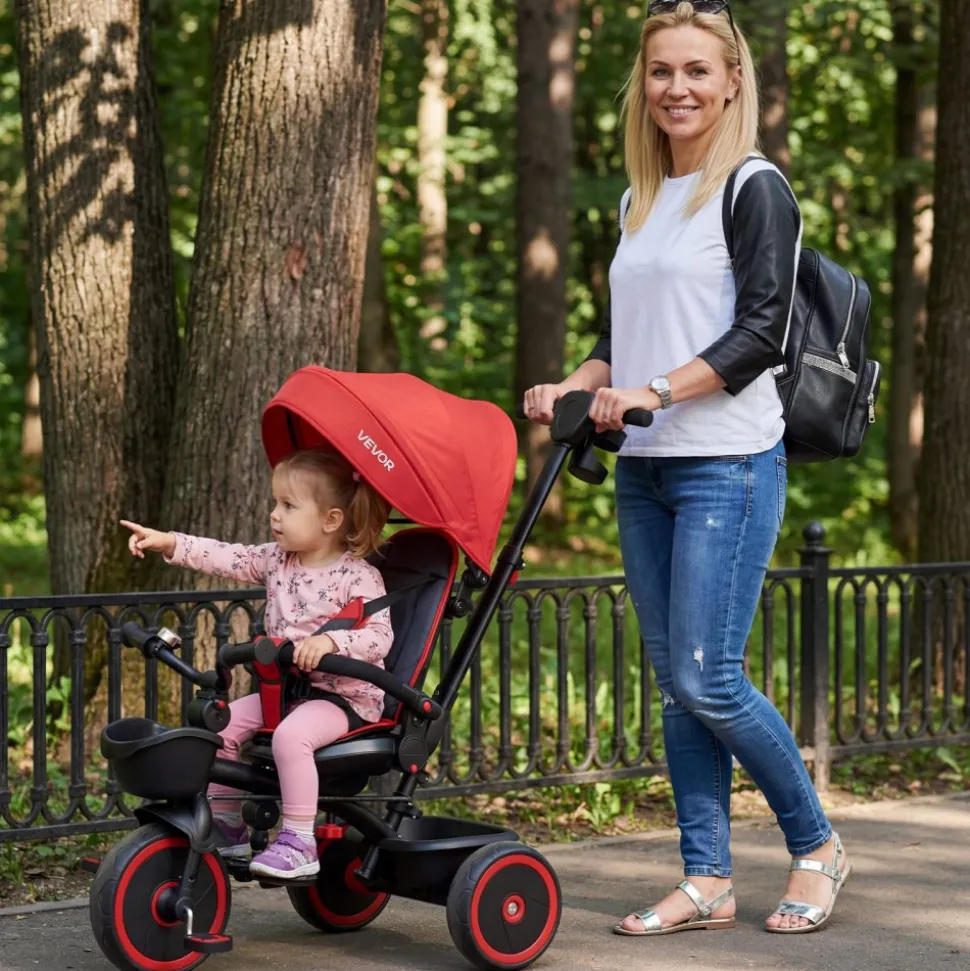 VEVOR Toddler Tricycle & Stroller for 1-5 Year Old, 6-in-1 Kids Trike with Parent Push Handle, Canopy, Adjustable Seat and Storage, Tricycle for Toddlers, Birthday Toy for Boys and Girls, Red/Black