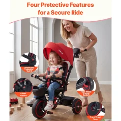 VEVOR Toddler Tricycle & Stroller for 1-5 Year Old, 6-in-1 Kids Trike with Parent Push Handle, Canopy, Adjustable Seat and Storage, Tricycle for Toddlers, Birthday Toy for Boys and Girls, Red/Black