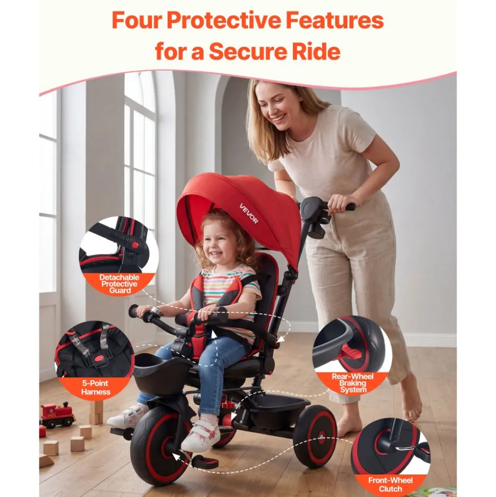 VEVOR Toddler Tricycle & Stroller for 1-5 Year Old, 6-in-1 Kids Trike with Parent Push Handle, Canopy, Adjustable Seat and Storage, Tricycle for Toddlers, Birthday Toy for Boys and Girls, Red/Black