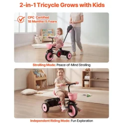 VEVOR Toddler Tricycle & Stroller for 18 Months to 5 Year Old, Kids Trike with Parent Push Handle, Adjustable Seat & Storage for Outdoor Play, Tricycle for Toddlers, Birthday Toy for Boys and Girls