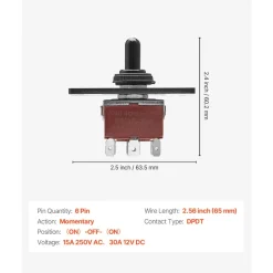 VEVOR Toggle Switch, 6 Pin Momentary Polarity Reversing Toggle Switch (ON)-Off-(ON) DC 12V/30A AC 250V/15A - with Up Down Mounting Panel & Waterproof Boot Cap for Auto Car Marine Boat