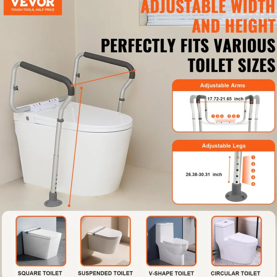 VEVOR Toilet Safety Rail, Bathroom Toilet Seat Frame, Adjustable Width & Height Fit Most Toilets, Supports 300lbs, Toilet Handles Grab Bars with Padded Armrests for Handicap, Disabled, Seniors