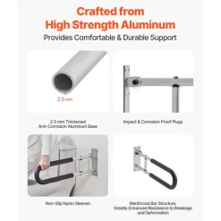 VEVOR Toilet Safety Rail, 23.8 Inch U-Shaped Handicap Grab Bar, Foldable Senior Safety Pole, Flip Up Toilet Grab Bar with Anti-Slip Support Handle, 300 Lb Load Capacity for Elderly, Disabled, Pregnant