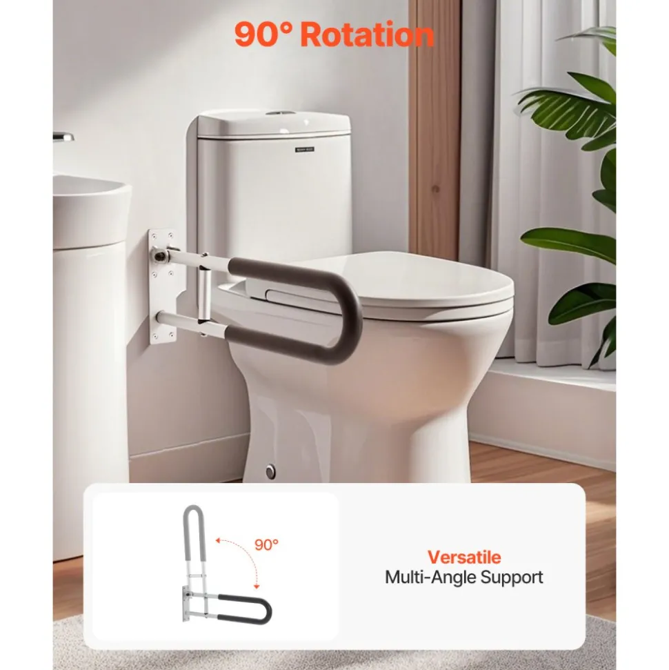 VEVOR Toilet Safety Rail, 23.8 Inch U-Shaped Handicap Grab Bar, Foldable Senior Safety Pole, Flip Up Toilet Grab Bar with Anti-Slip Support Handle, 300 Lb Load Capacity for Elderly, Disabled, Pregnant