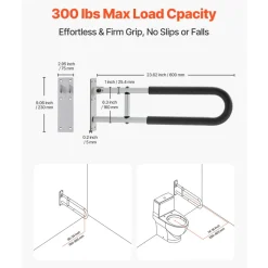 VEVOR Toilet Safety Rail, 23.8 Inch U-Shaped Handicap Grab Bar, Foldable Senior Safety Pole, Flip Up Toilet Grab Bar with Anti-Slip Support Handle, 300 Lb Load Capacity for Elderly, Disabled, Pregnant