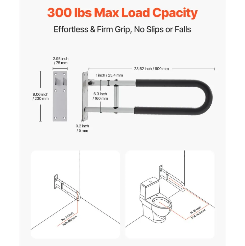 VEVOR Toilet Safety Rail, 23.8 Inch U-Shaped Handicap Grab Bar, Foldable Senior Safety Pole, Flip Up Toilet Grab Bar with Anti-Slip Support Handle, 300 Lb Load Capacity for Elderly, Disabled, Pregnant