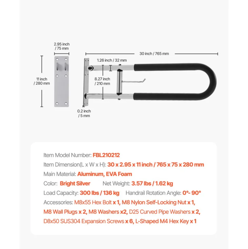 VEVOR Toilet Safety Rail, 30 Inch U-Shaped Handicap Grab Bar, Foldable Senior Safety Pole, Flip Up Toilet Grab Bars with Anti-Slip Handle, 300 Lbs Load Capacity Security Handrail with Paper Holder