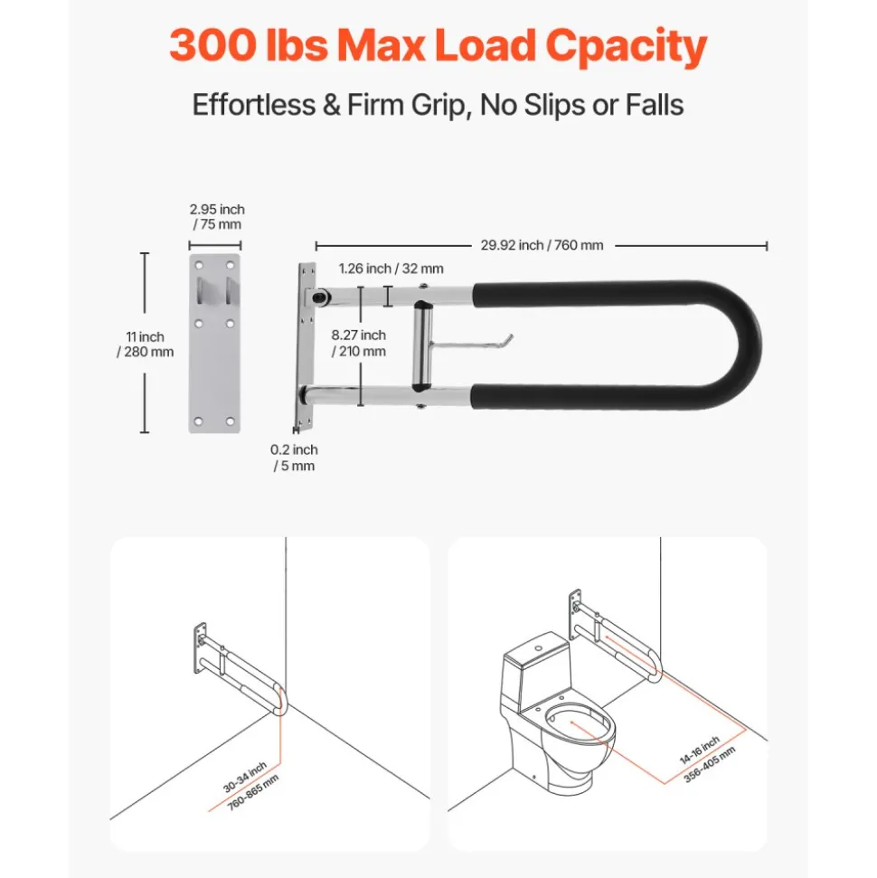 VEVOR Toilet Safety Rail, 30 Inch U-Shaped Handicap Grab Bar, Foldable Senior Safety Pole, Flip Up Toilet Grab Bars with Anti-Slip Handle, 300 Lbs Load Capacity Security Handrail with Paper Holder
