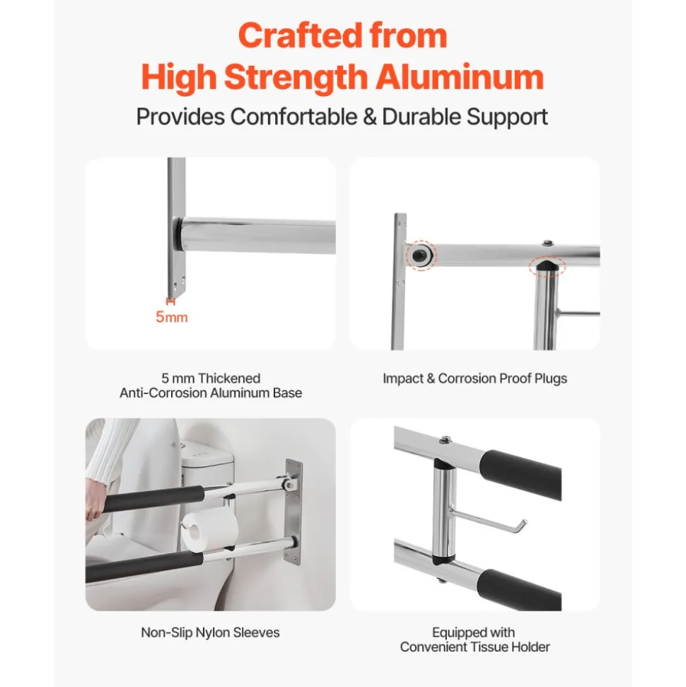 VEVOR Toilet Safety Rail, 30 Inch U-Shaped Handicap Grab Bar, Foldable Senior Safety Pole, Flip Up Toilet Grab Bars with Anti-Slip Handle, 300 Lbs Load Capacity Security Handrail with Paper Holder