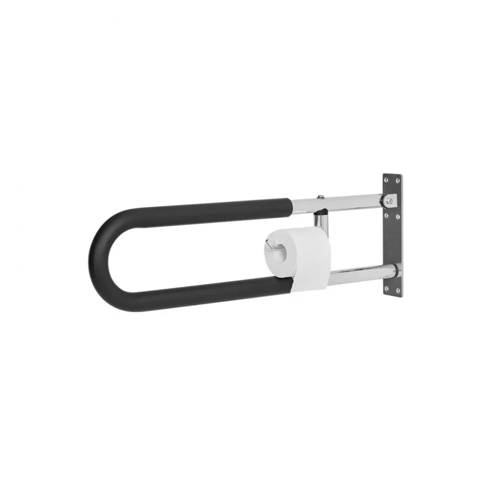 VEVOR Toilet Safety Rail, 30 Inch U-Shaped Handicap Grab Bar, Foldable Senior Safety Pole, Flip Up Toilet Grab Bars with Anti-Slip Handle, 300 Lbs Load Capacity Security Handrail with Paper Holder