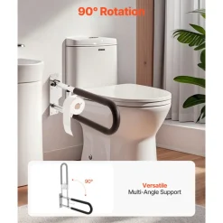 VEVOR Toilet Safety Rail, 30 Inch U-Shaped Handicap Grab Bar, Foldable Senior Safety Pole, Flip Up Toilet Grab Bars with Anti-Slip Handle, 300 Lbs Load Capacity Security Handrail with Paper Holder