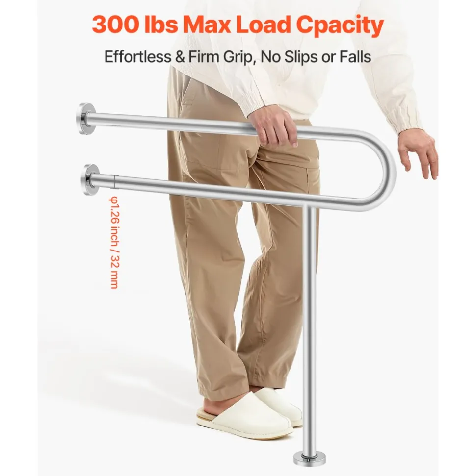 VEVOR Toilet Safety Rail, 31.5 Inch U-Shaped Handicap Grab Bar, 304 Stainless Steel Senior Safety Pole, Toilet Grab Bars with Anti-Slip Handle, 300 Lbs Load Capacity Security Handrail with Support Leg