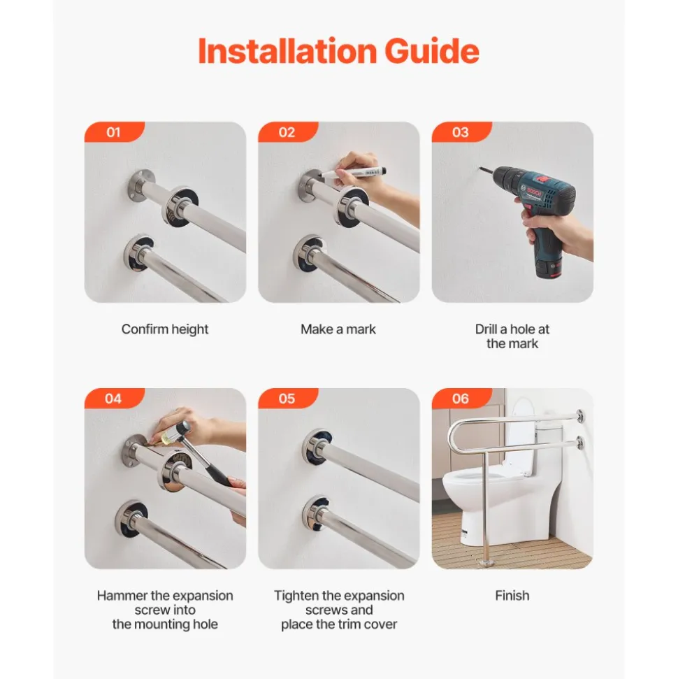 VEVOR Toilet Safety Rail, 31.5 Inch U-Shaped Handicap Grab Bar, 304 Stainless Steel Senior Safety Pole, Toilet Grab Bars with Anti-Slip Handle, 300 Lbs Load Capacity Security Handrail with Support Leg