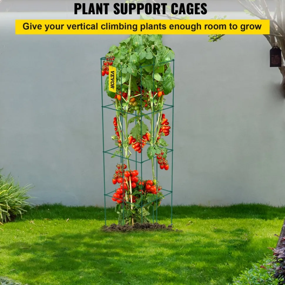 VEVOR Tomato Cages, 14.6" x 14.6" x 39.4", 6 Packs Square Plant Support Cages, Green PVC-Coated Steel Tomato Towers for Climbing Vegetables, Plants, Flowers, Fruits