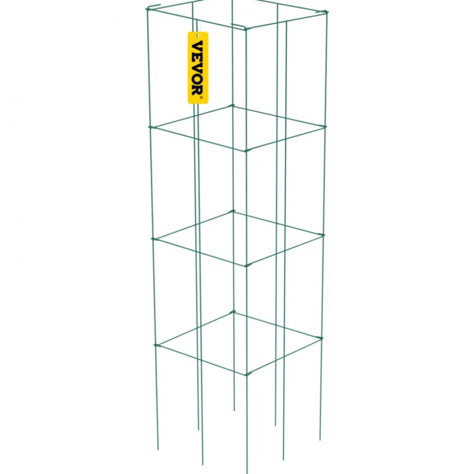 VEVOR Tomato Cages, 14.6" x 14.6" x 39.4", 6 Packs Square Plant Support Cages, Green PVC-Coated Steel Tomato Towers for Climbing Vegetables, Plants, Flowers, Fruits
