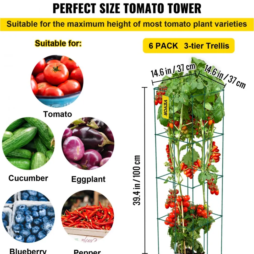 VEVOR Tomato Cages, 14.6" x 14.6" x 39.4", 6 Packs Square Plant Support Cages, Green PVC-Coated Steel Tomato Towers for Climbing Vegetables, Plants, Flowers, Fruits
