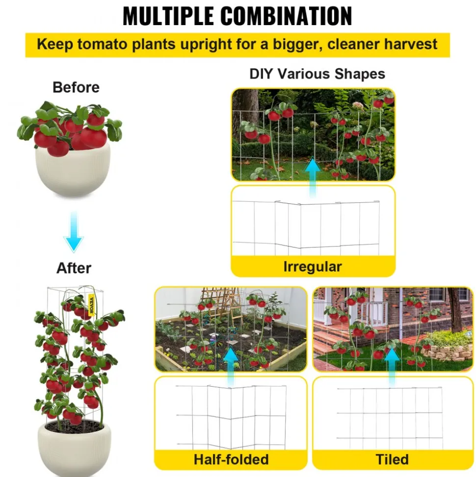 VEVOR Tomato Cages, 11.8" x 11.8" x 46.1", 5 Packs Square Plant Support Cages, Silver PVC-Coated Steel Tomato Towers for Climbing Vegetables, Plants, Flowers, Fruits
