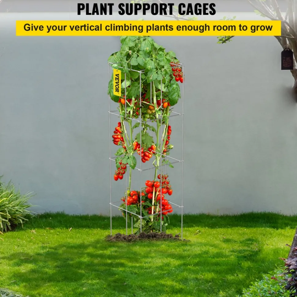 VEVOR Tomato Cages, 11.8" x 11.8" x 46.1", 5 Packs Square Plant Support Cages, Silver PVC-Coated Steel Tomato Towers for Climbing Vegetables, Plants, Flowers, Fruits