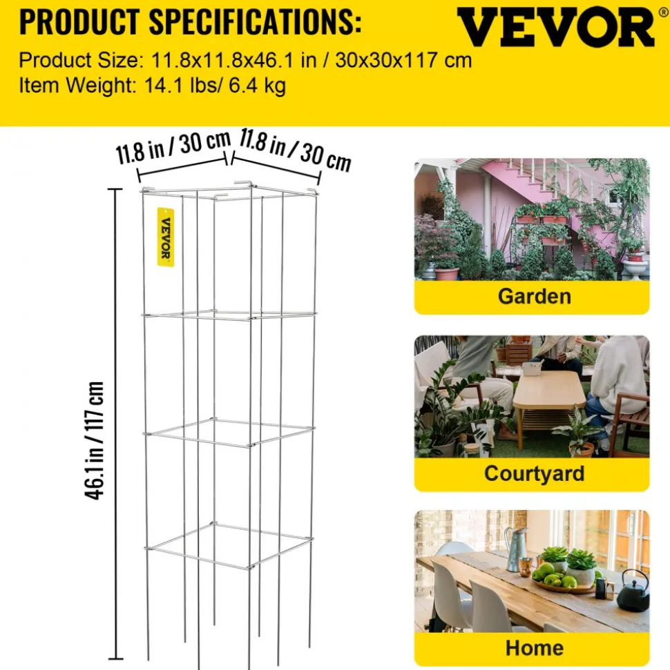 VEVOR Tomato Cages, 11.8" x 11.8" x 46.1", 5 Packs Square Plant Support Cages, Silver PVC-Coated Steel Tomato Towers for Climbing Vegetables, Plants, Flowers, Fruits