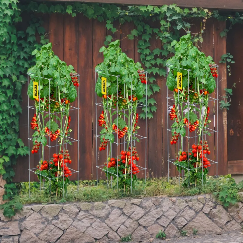VEVOR Tomato Cages, 11.8" x 11.8" x 46.1", 5 Packs Square Plant Support Cages, Silver PVC-Coated Steel Tomato Towers for Climbing Vegetables, Plants, Flowers, Fruits