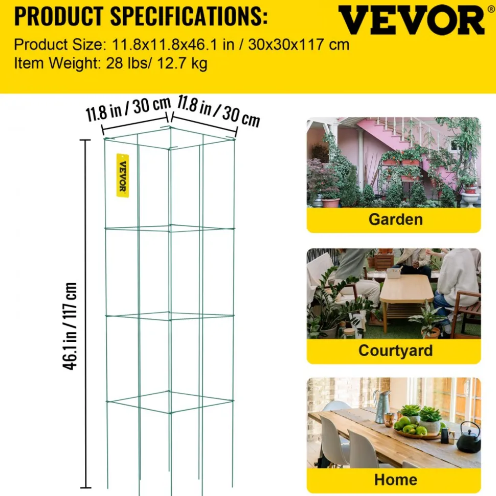 VEVOR Tomato Cages, 11.8" x 11.8" x 46.1", 10 Packs Square Plant Support Cages, Green PVC-Coated Steel Tomato Towers for Climbing Vegetables, Plants, Flowers, Fruits