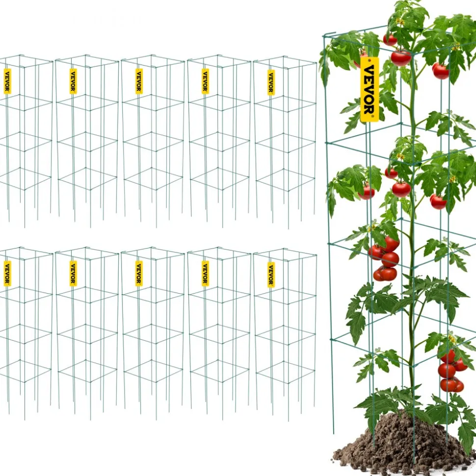 VEVOR Tomato Cages, 11.8" x 11.8" x 46.1", 10 Packs Square Plant Support Cages, Green PVC-Coated Steel Tomato Towers for Climbing Vegetables, Plants, Flowers, Fruits