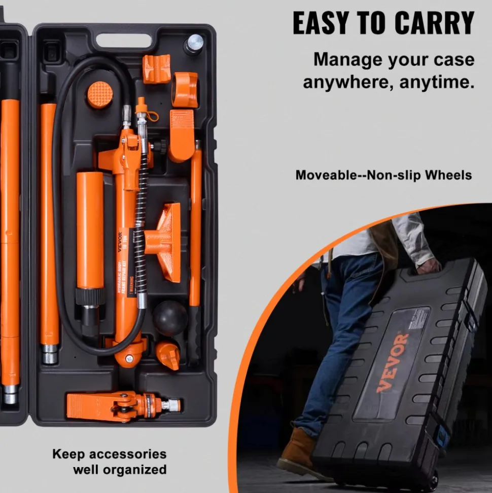 VEVOR 10 Ton Porta Power Kit, Hydraulic Ram with Pump, Car Jack with 4.6 ft/1.4 m Oil Hose, Bent Frame Repair Tool with Storage Case for Automotive, Garage, Heavy Equipment, Mechanic (22046 LBS)