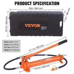 VEVOR 12 Ton Porta Power Kit, Hydraulic Ram with Pump with 4.6 ft/1.4 m Oil Hose, Portable Hydraulic Jack with Storage Case for Automotive, Garage, Farm, Mechanic (26455 LBS)