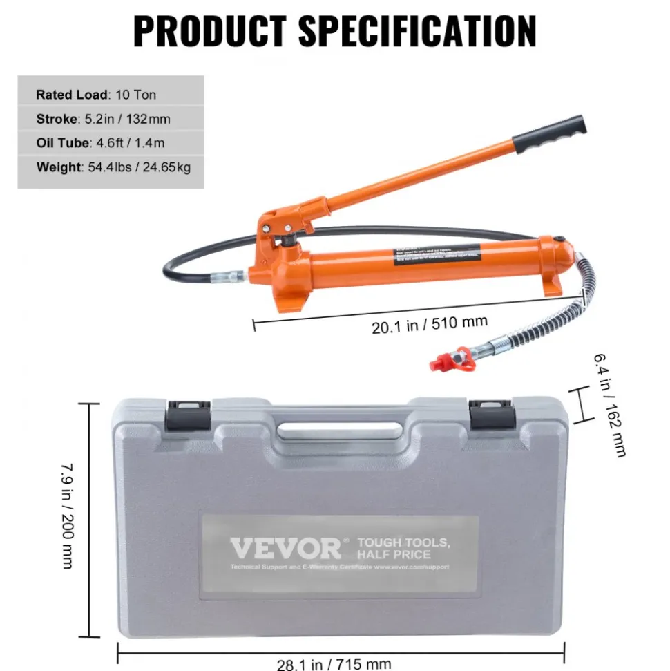 VEVOR 10 Ton Porta Power Kit, Portable Hydraulic Jack with 4.6 ft/1.4 m Oil Hose, Auto Body Frame Repair Kit with Storage Case for Car Repair, Truck, Farm