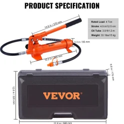 VEVOR 4 Ton Porta Power Kit, Portable Hydraulic Jack with 3.9 ft/1.2 m Oil Hose, Auto Body Frame Repair Kit with Storage Case for Car Repair, Truck, Farm (8800 LBS)