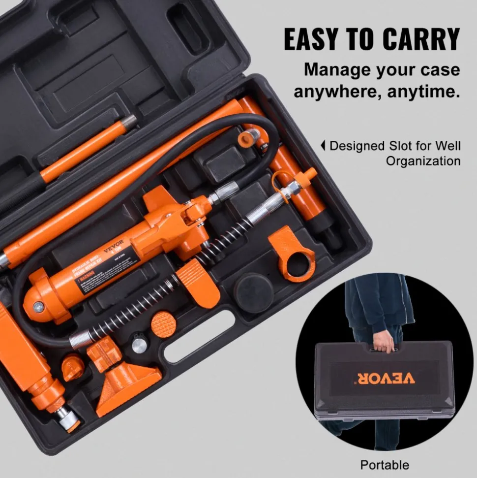 VEVOR 4 Ton Porta Power Kit, Portable Hydraulic Jack with 3.9 ft/1.2 m Oil Hose, Auto Body Frame Repair Kit with Storage Case for Car Repair, Truck, Farm (8800 LBS)