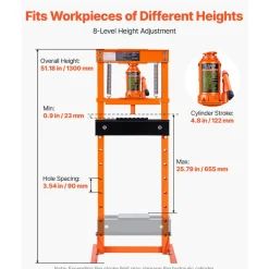 VEVOR 12 Ton Shop Press, H-Frame Garage Floor Bottle Jack Hydraulic Press, 8-Level Adjustable Height, Movable Stamping Plate, Heavy-Duty Steel for Bending, Straightening, Pressing U-Joints & Bearings