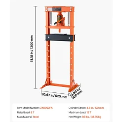 VEVOR 12 Ton Shop Press, H-Frame Garage Floor Bottle Jack Hydraulic Press, 8-Level Adjustable Height, Movable Stamping Plate, Heavy-Duty Steel for Bending, Straightening, Pressing U-Joints & Bearings