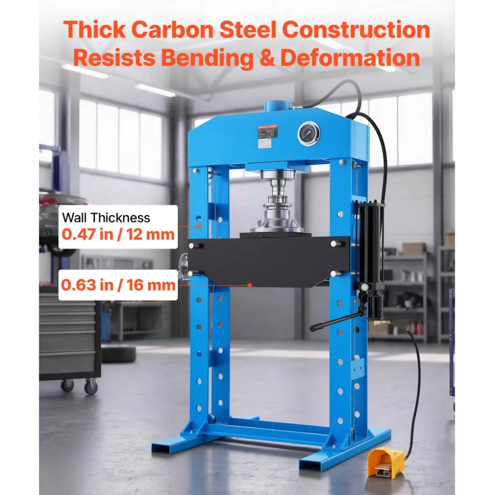 VEVOR 75-Ton Shop Press, Pneumatic/Manual Hydraulic Shop Press with Foot Pedal, Hand Wheel & Pressure Gauge, H-Frame Heavy-Duty Garage Floor Adjustable Shop Press for Bending, Straightening, Pressing